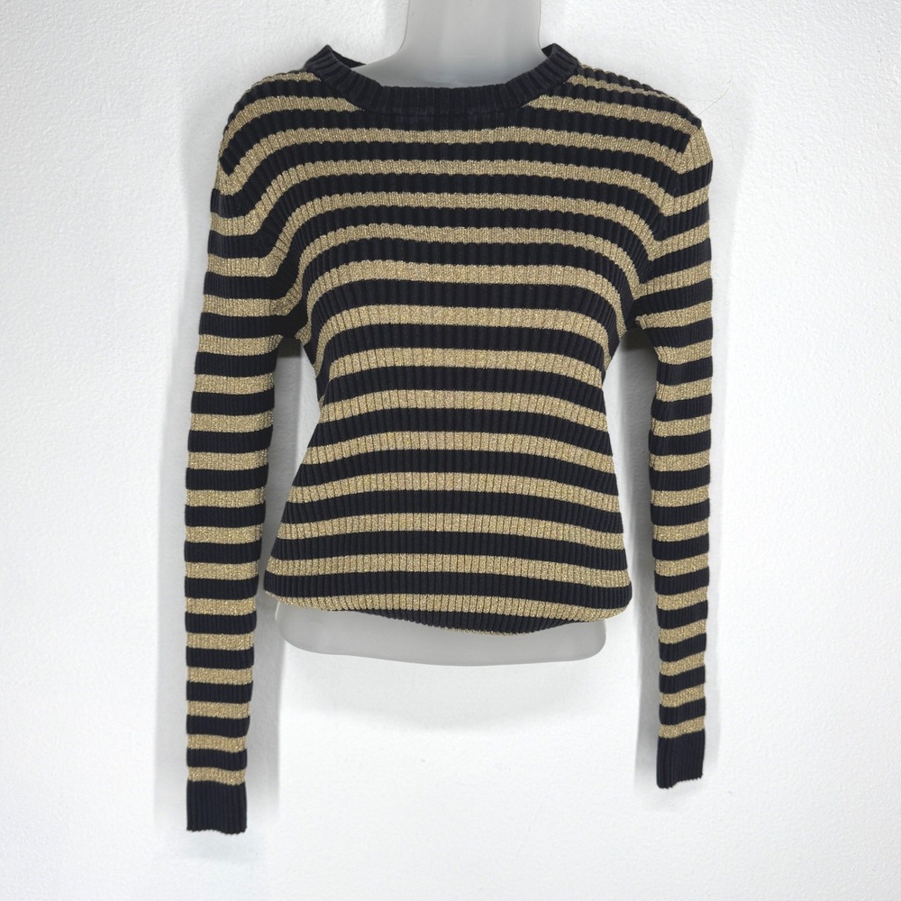 Polo Ralph Lauren Vintage Womens 90s Metallic Striped Ribbed Sweater Fitted L